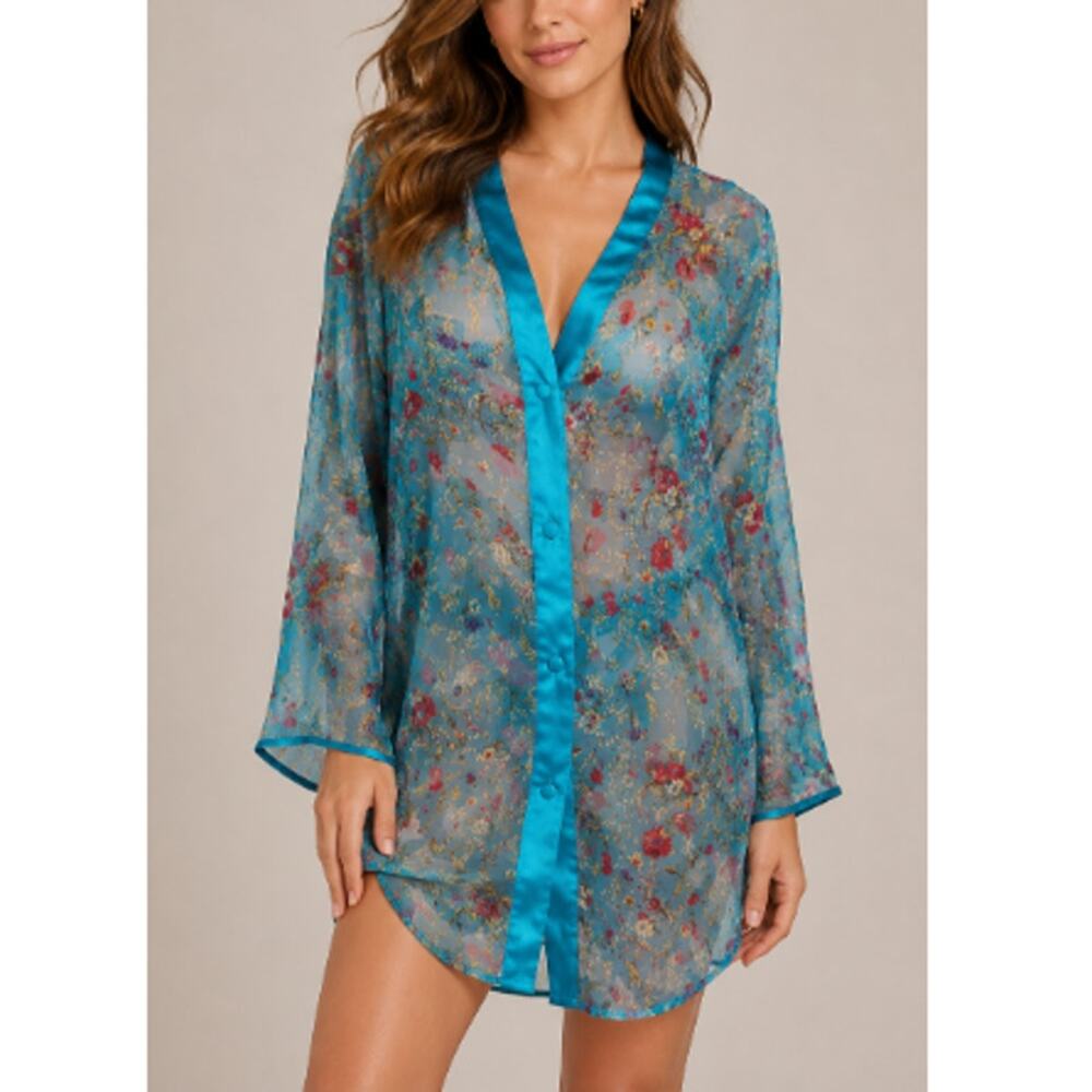 Victoria's Secret Women's Teal Gold Label Sheer Floral Sleep Shirt Size M/L